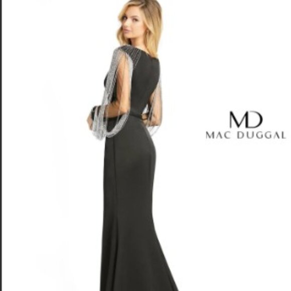 Mac Duggal 20116 Black Gown with Beaded Sleeves - Picture 2 of 15